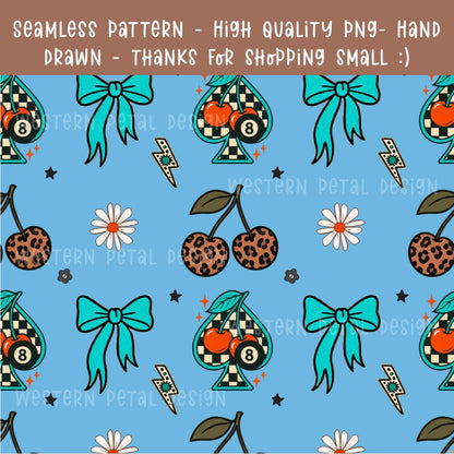 Retro Leopard Cherry Seamless Pattern | Teal Bow, Spade (Digital Download)