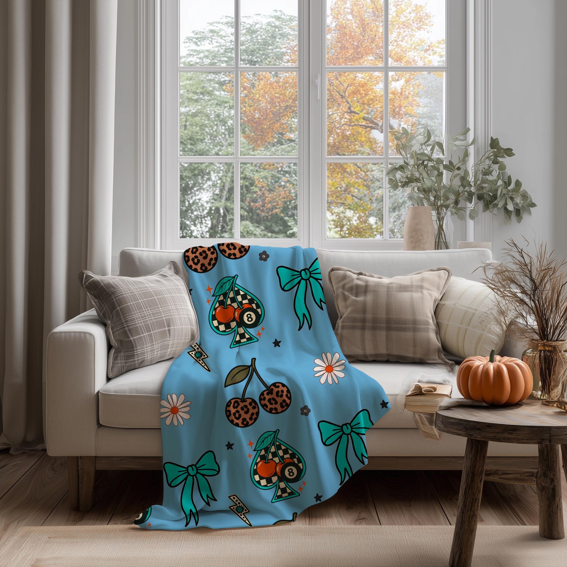 Retro Leopard Cherry Seamless Pattern | Teal Bow, Spade (Digital Download)