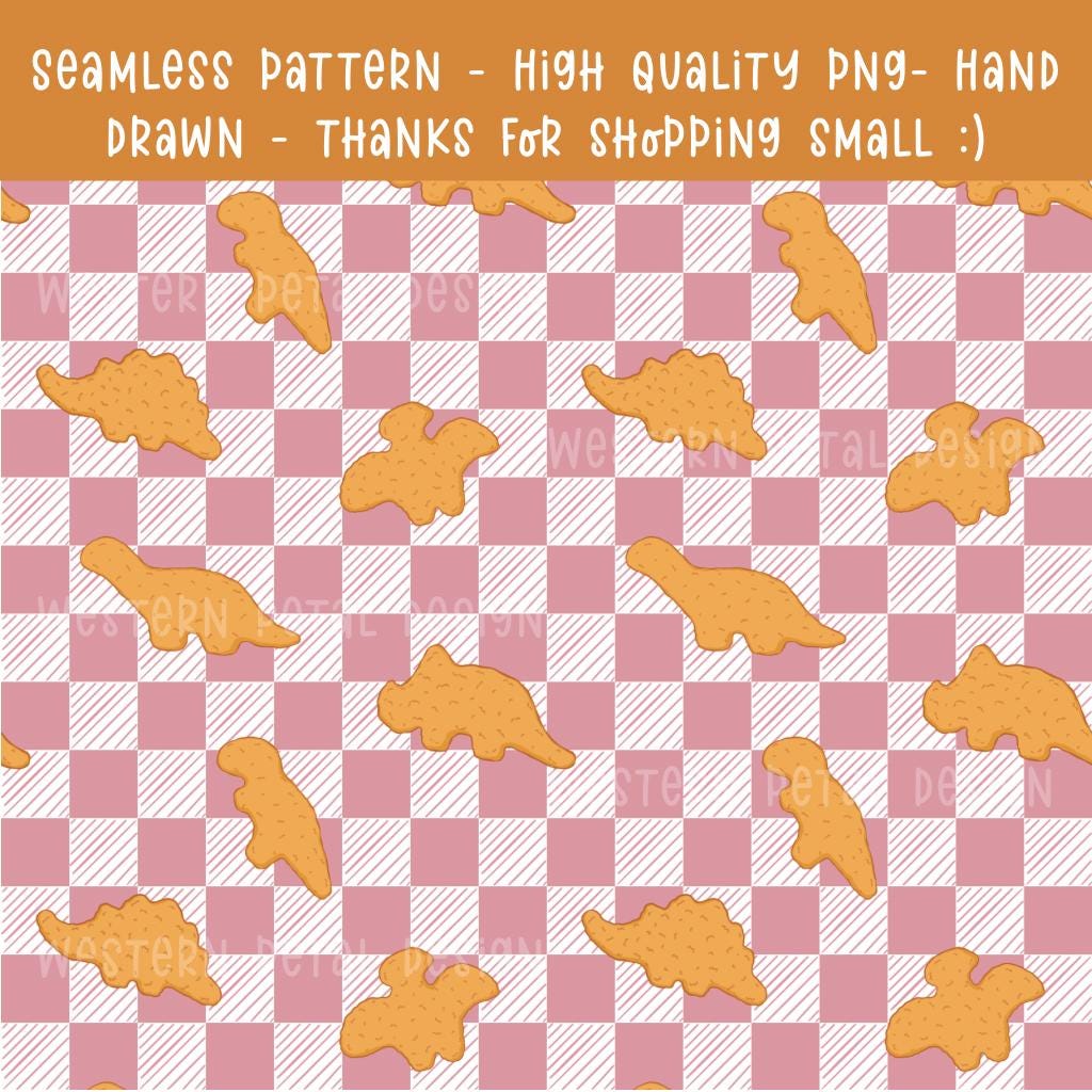 Dino Nugget Seamless Pattern | Hand-Drawn Foodie Gingham Digital Background for Kids Fabric Printing, Sublimation Design, 12x12 PNG