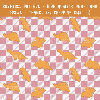 Dino Nugget Seamless Pattern | Hand-Drawn Foodie Gingham Digital Background for Kids Fabric Printing, Sublimation Design, 12x12 PNG