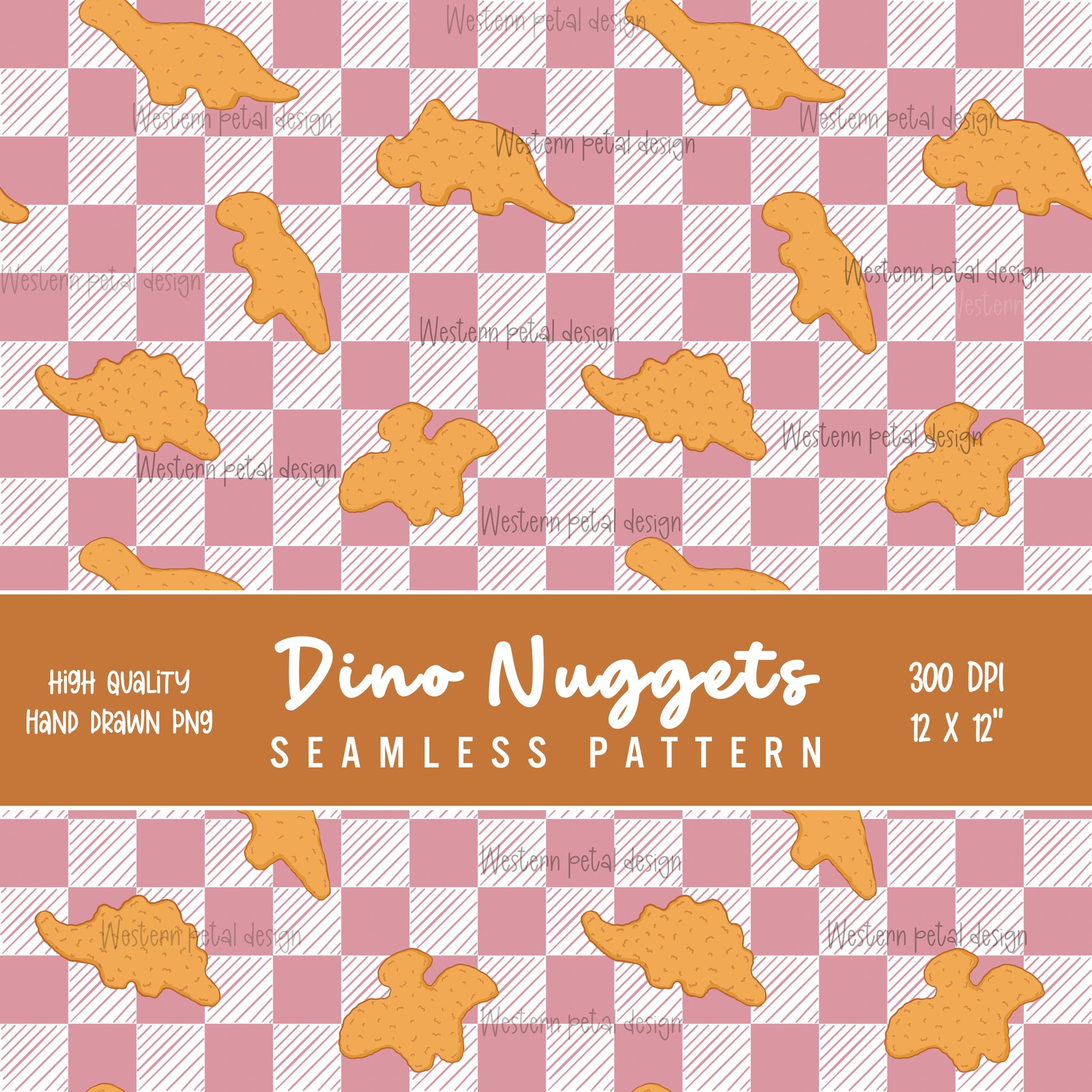 Dino Nugget Seamless Pattern | Hand-Drawn Foodie Gingham Digital Background for Kids Fabric Printing, Sublimation Design, 12x12 PNG