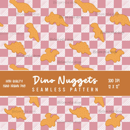 Dino Nugget Seamless Pattern | Hand-Drawn Foodie Gingham Digital Background for Kids Fabric Printing, Sublimation Design, 12x12 PNG