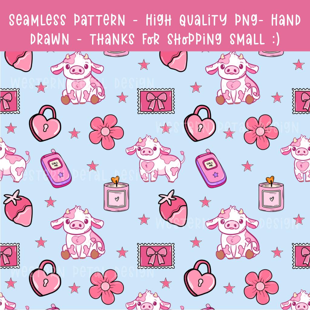 Pink Cow Seamless Pattern, Kawaii Animals Fabric Design, Valentine's Day Digital Paper (PNG Download