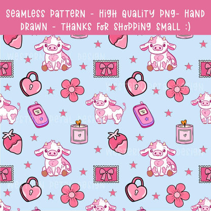 Pink Cow Seamless Pattern, Kawaii Animals Fabric Design, Valentine's Day Digital Paper (PNG Download
