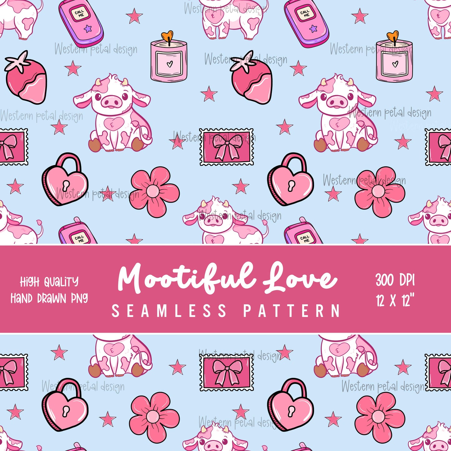 Pink Cow Seamless Pattern, Kawaii Animals Fabric Design, Valentine's Day Digital Paper (PNG Download