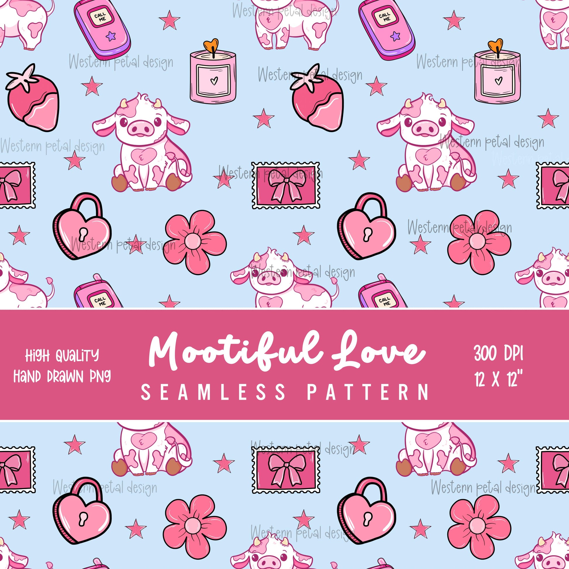 Pink Cow Seamless Pattern, Kawaii Animals Fabric Design, Valentine's Day Digital Paper (PNG Download