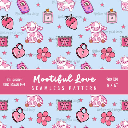 Pink Cow Seamless Pattern, Kawaii Animals Fabric Design, Valentine's Day Digital Paper (PNG Download