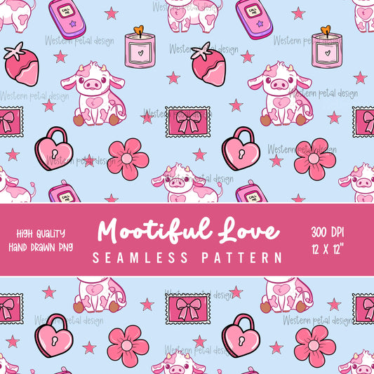 Pink Cow Seamless Pattern, Kawaii Animals Fabric Design, Valentine's Day Digital Paper (PNG Download