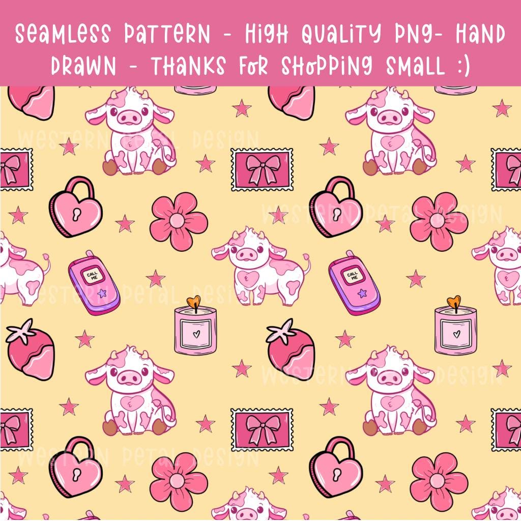 Pink Cow Seamless Pattern, Valentine's Day Fabric Design, Kawaii Digital Paper (PNG Download)