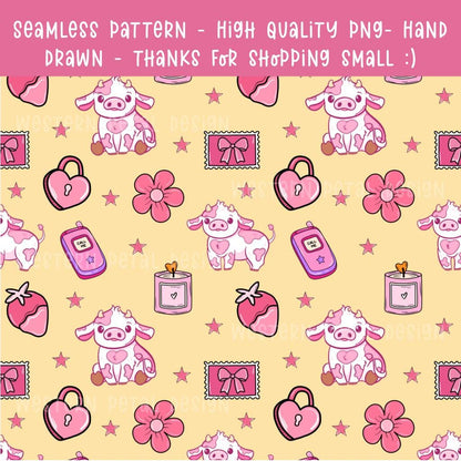 Pink Cow Seamless Pattern, Valentine's Day Fabric Design, Kawaii Digital Paper (PNG Download)