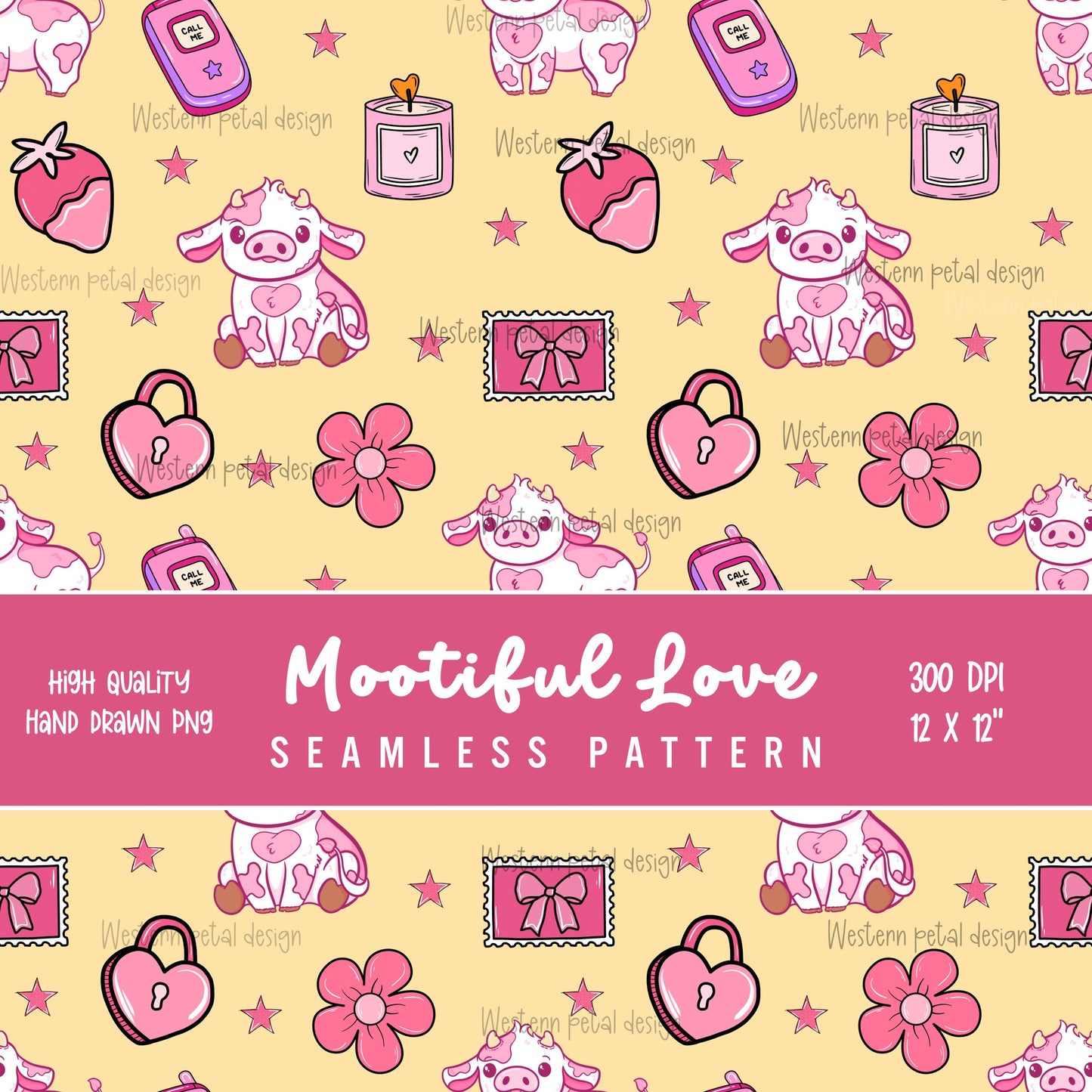 Pink Cow Seamless Pattern, Valentine's Day Fabric Design, Kawaii Digital Paper (PNG Download)