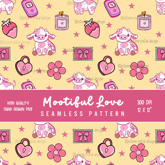 Pink Cow Seamless Pattern, Valentine's Day Fabric Design, Kawaii Digital Paper (PNG Download)