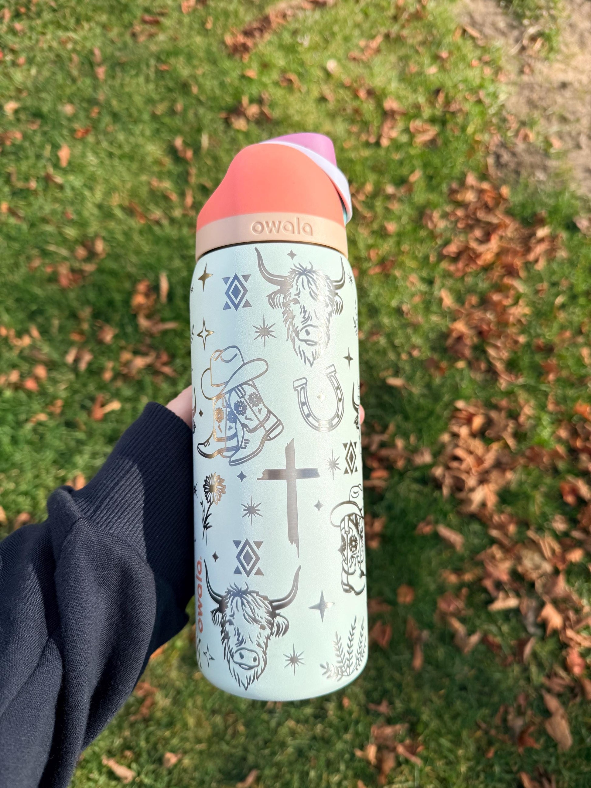 Engraved Owala Tumbler, Western Cowgirl Water Bottle, Highland Cow Tumbler, Floral Boot Aztec Design, 24 32 40 oz Cup