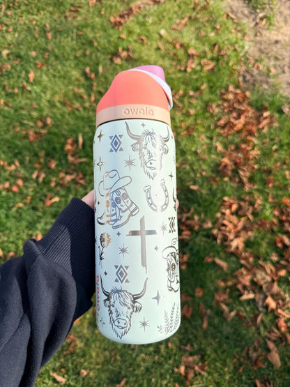 Engraved Owala Tumbler, Western Cowgirl Water Bottle, Highland Cow Tumbler, Floral Boot Aztec Design, 24 32 40 oz Cup