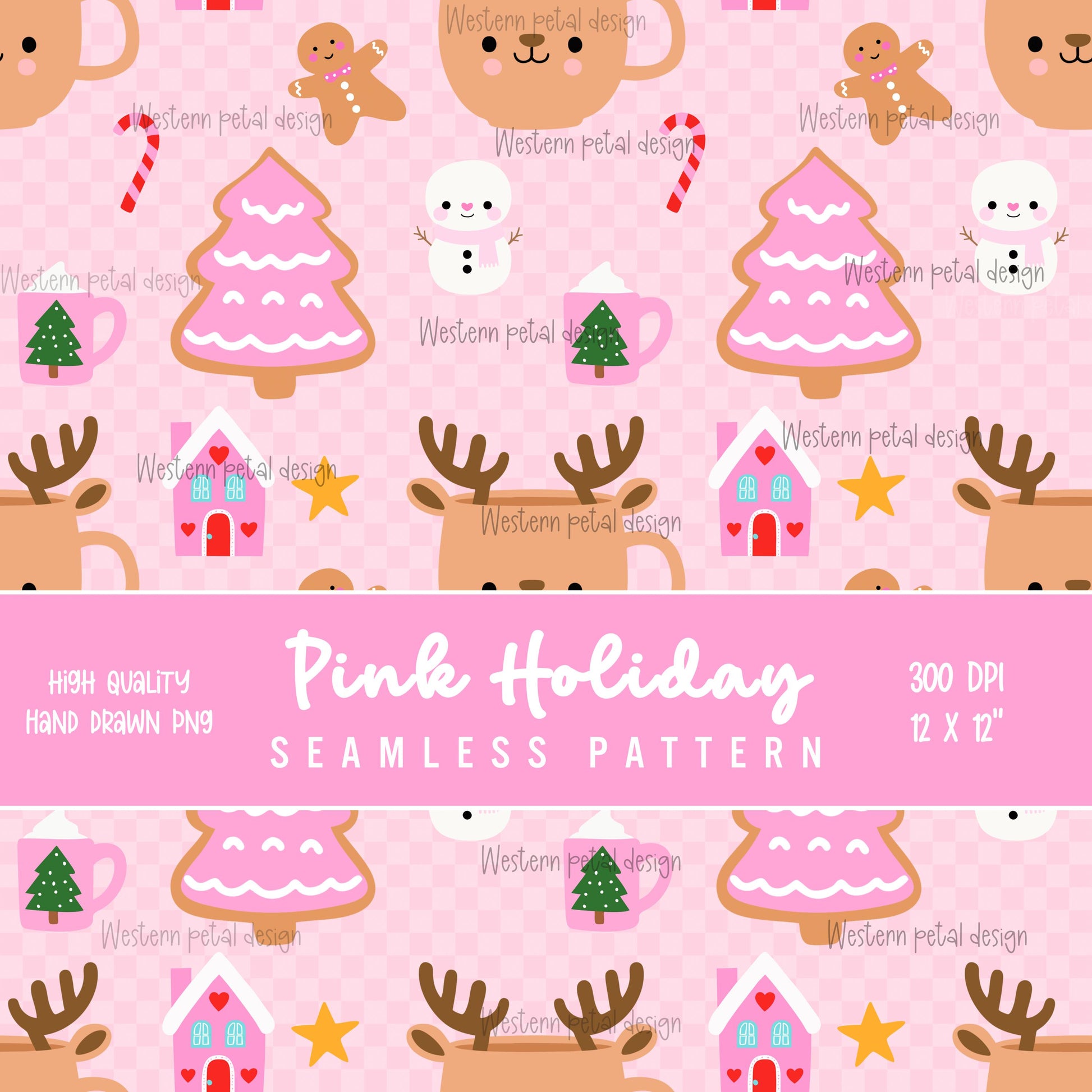 Pink Christmas Pattern | Kawaii Holiday PNG, Gingerbread, Reindeer (Digital Paper)