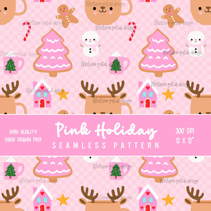 Pink Christmas Pattern | Kawaii Holiday PNG, Gingerbread, Reindeer (Digital Paper)