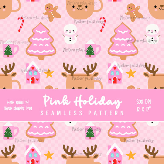 Pink Christmas Pattern | Kawaii Holiday PNG, Gingerbread, Reindeer (Digital Paper)