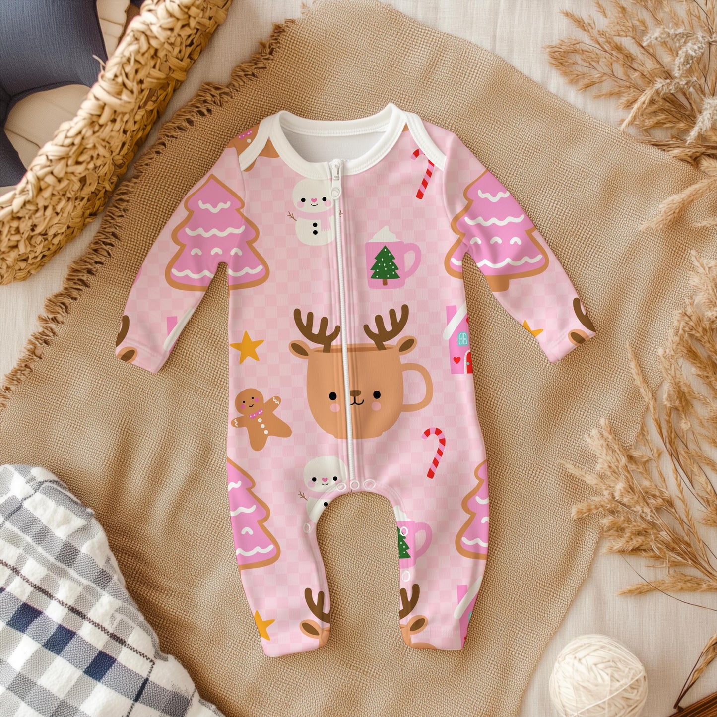 Pink Christmas Pattern | Kawaii Holiday PNG, Gingerbread, Reindeer (Digital Paper)