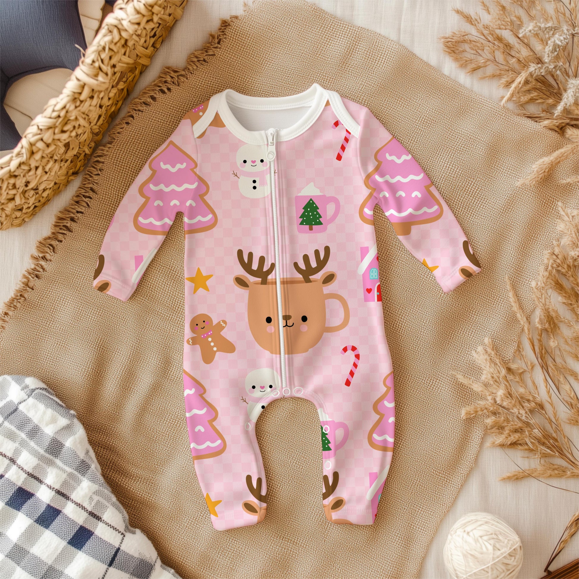 Pink Christmas Pattern | Kawaii Holiday PNG, Gingerbread, Reindeer (Digital Paper)