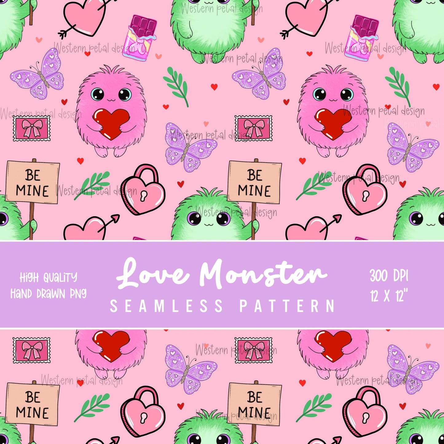 Love Monster Seamless Pattern | Valentine's Day PNG (12x12)