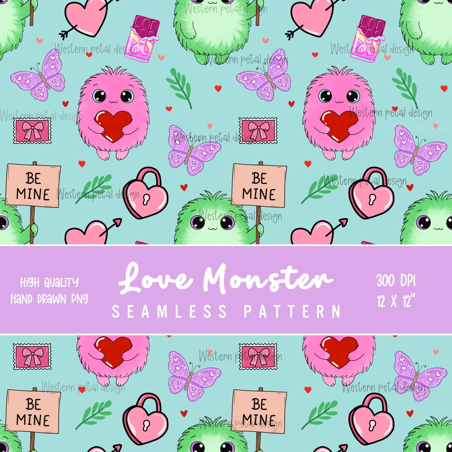 Love Monster Seamless Pattern | Valentine's Day Digital Paper (12x12 PNG)