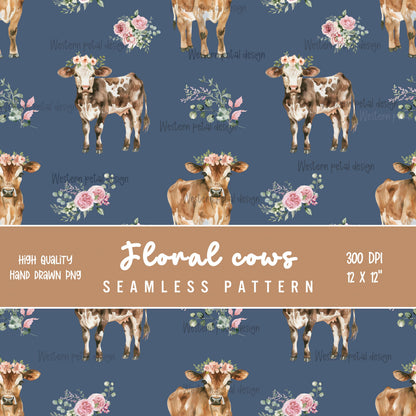 Western Floral Seamless Pattern PNG, Cowgirl Floral Digital Paper, Retro Western Pattern, Pink Orange Flower Design, 12x12 Sublimation