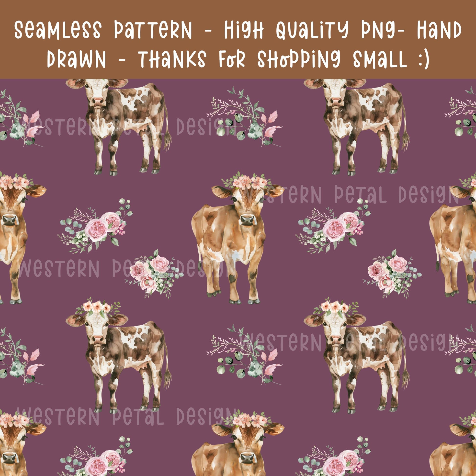 Floral Cow Seamless Pattern | Hand-Drawn Western Farm (PNG)