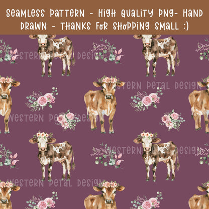 Floral Cow Seamless Pattern | Hand-Drawn Western Farm (PNG)