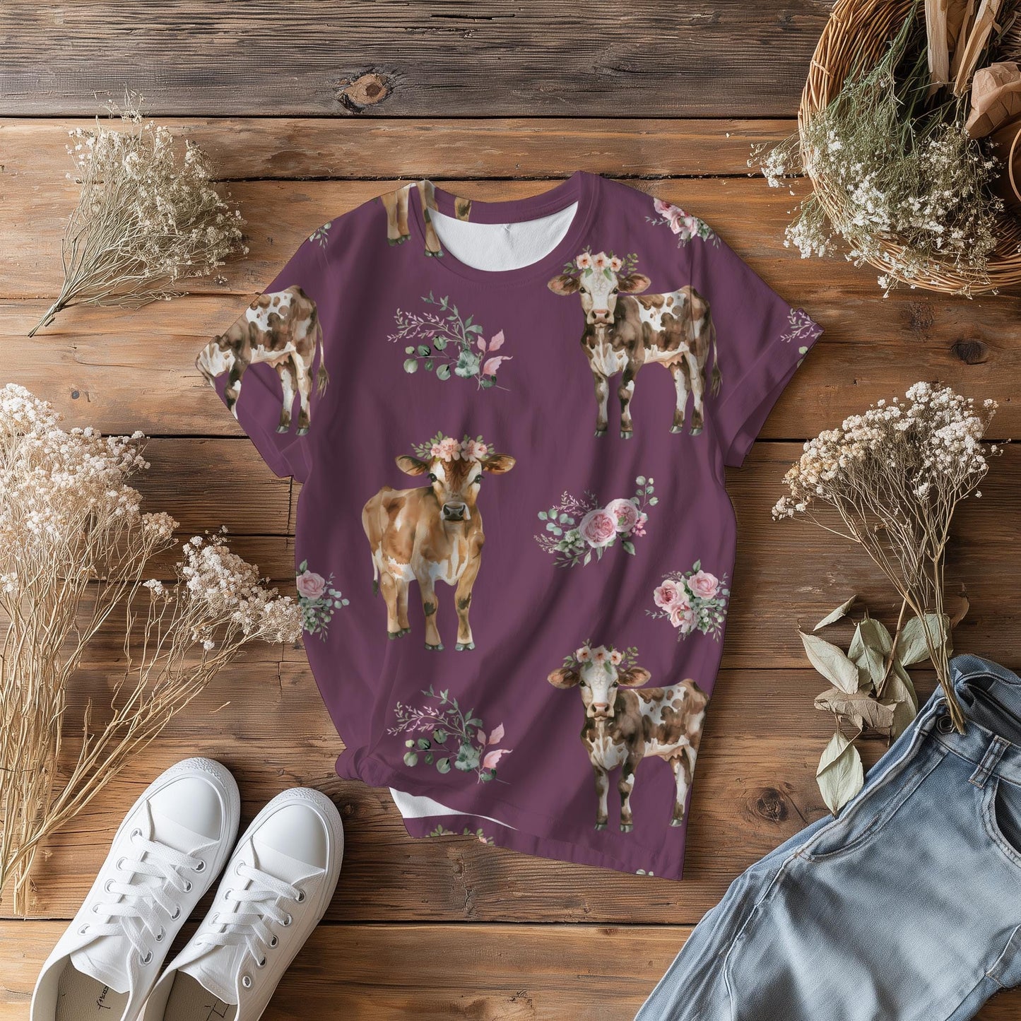 Floral Cow Seamless Pattern | Hand-Drawn Western Farm (PNG)