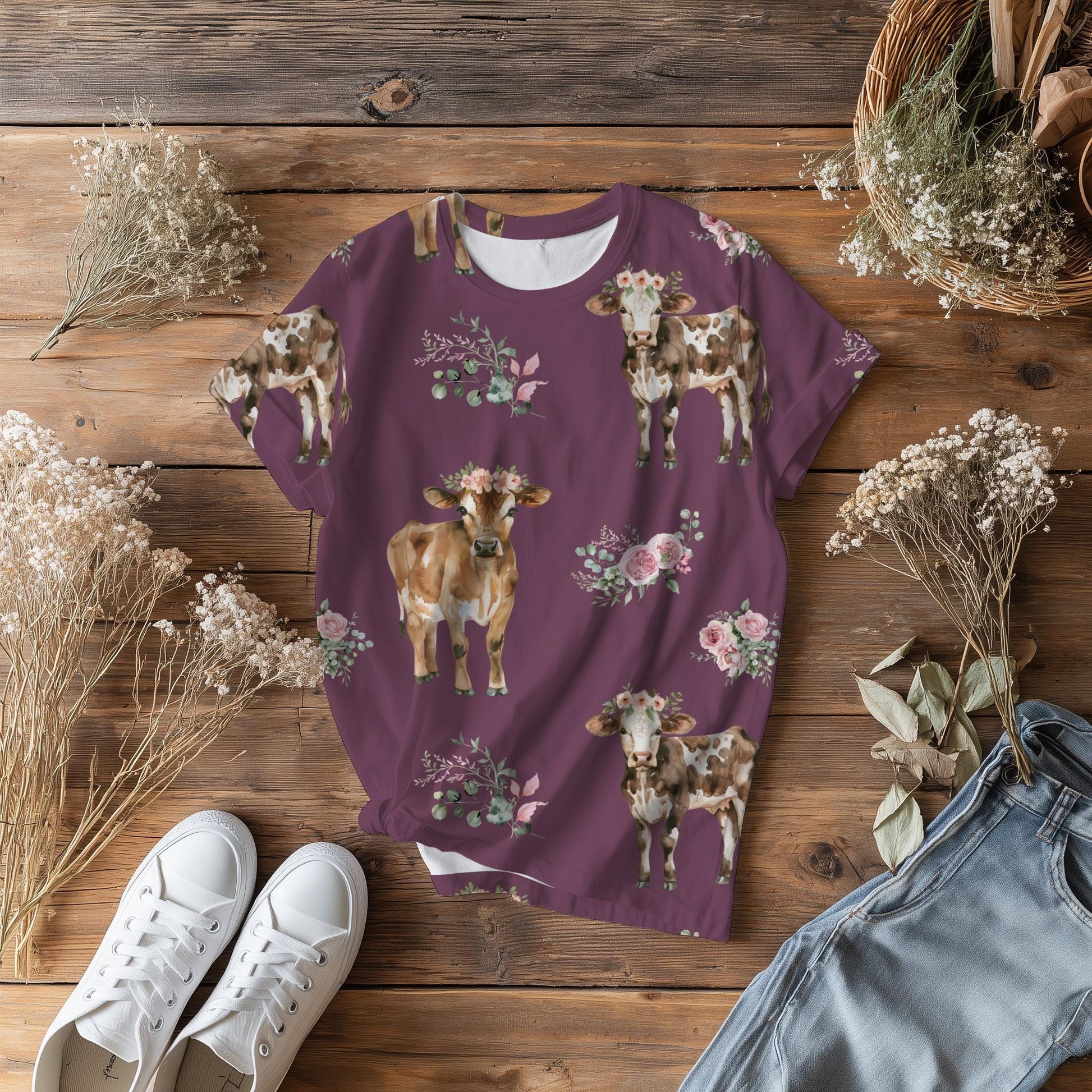 Floral Cow Seamless Pattern | Hand-Drawn Western Farm (PNG)