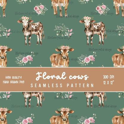 Floral Cow Seamless Pattern | Hand-Drawn Western Farm PNG (12x12, 300 DPI)