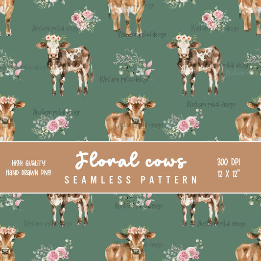 Floral Cow Seamless Pattern | Hand-Drawn Western Farm PNG (12x12, 300 DPI)