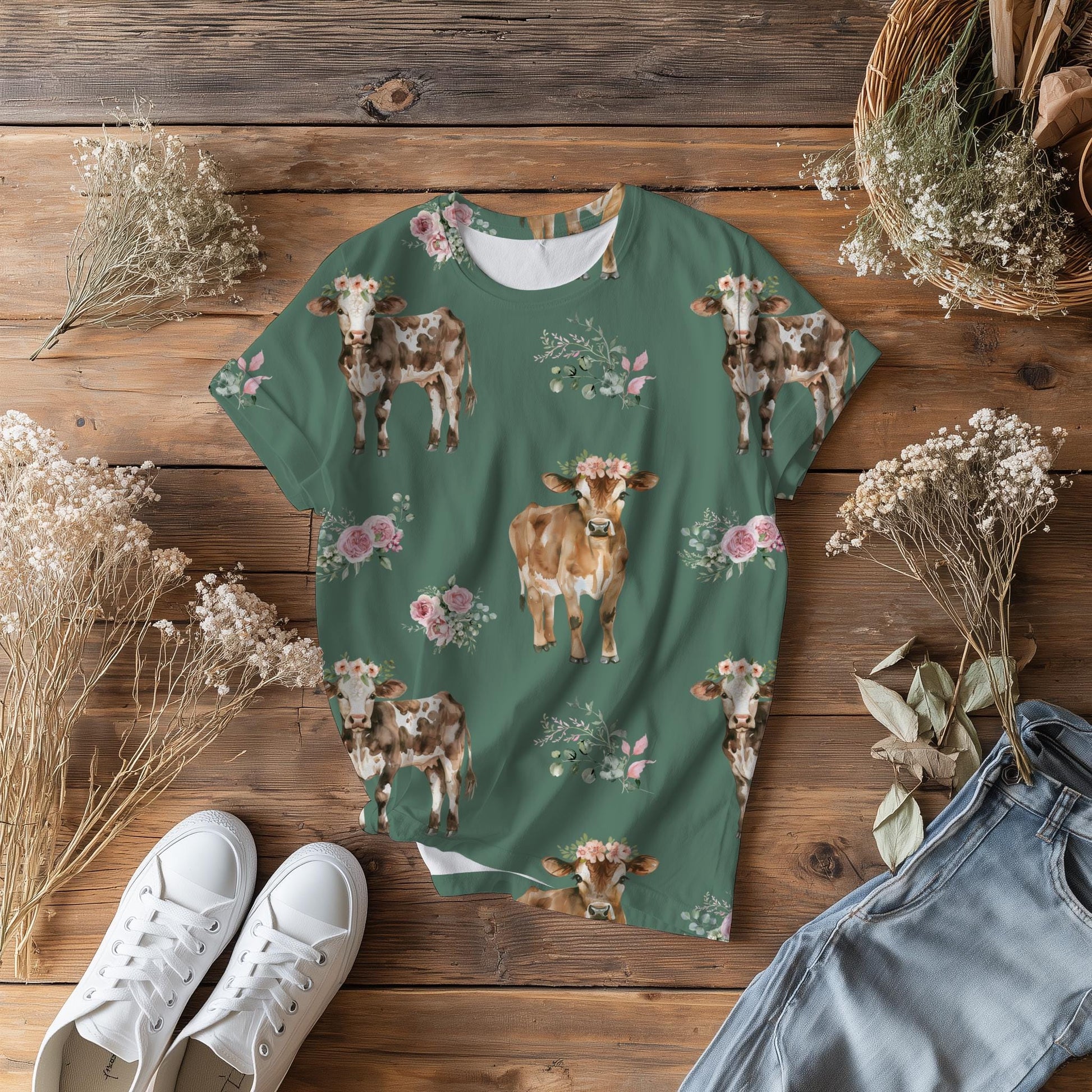 Floral Cow Seamless Pattern | Hand-Drawn Western Farm PNG (12x12, 300 DPI)