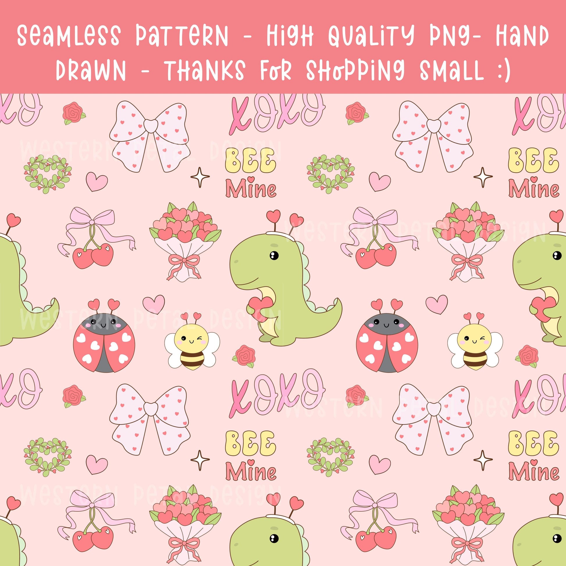 Bee Mine Valentine Seamless Pattern | Hand-Drawn PNG (12x12, 300 DPI)