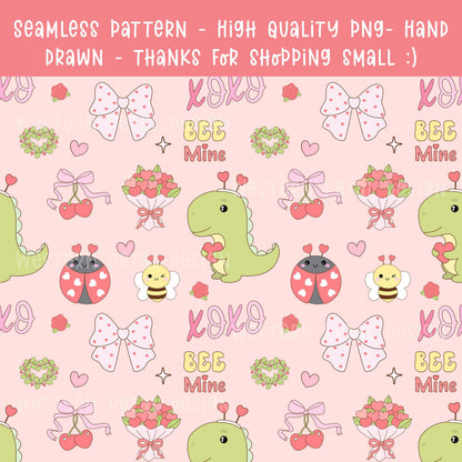 Bee Mine Valentine Seamless Pattern | Hand-Drawn PNG (12x12, 300 DPI)