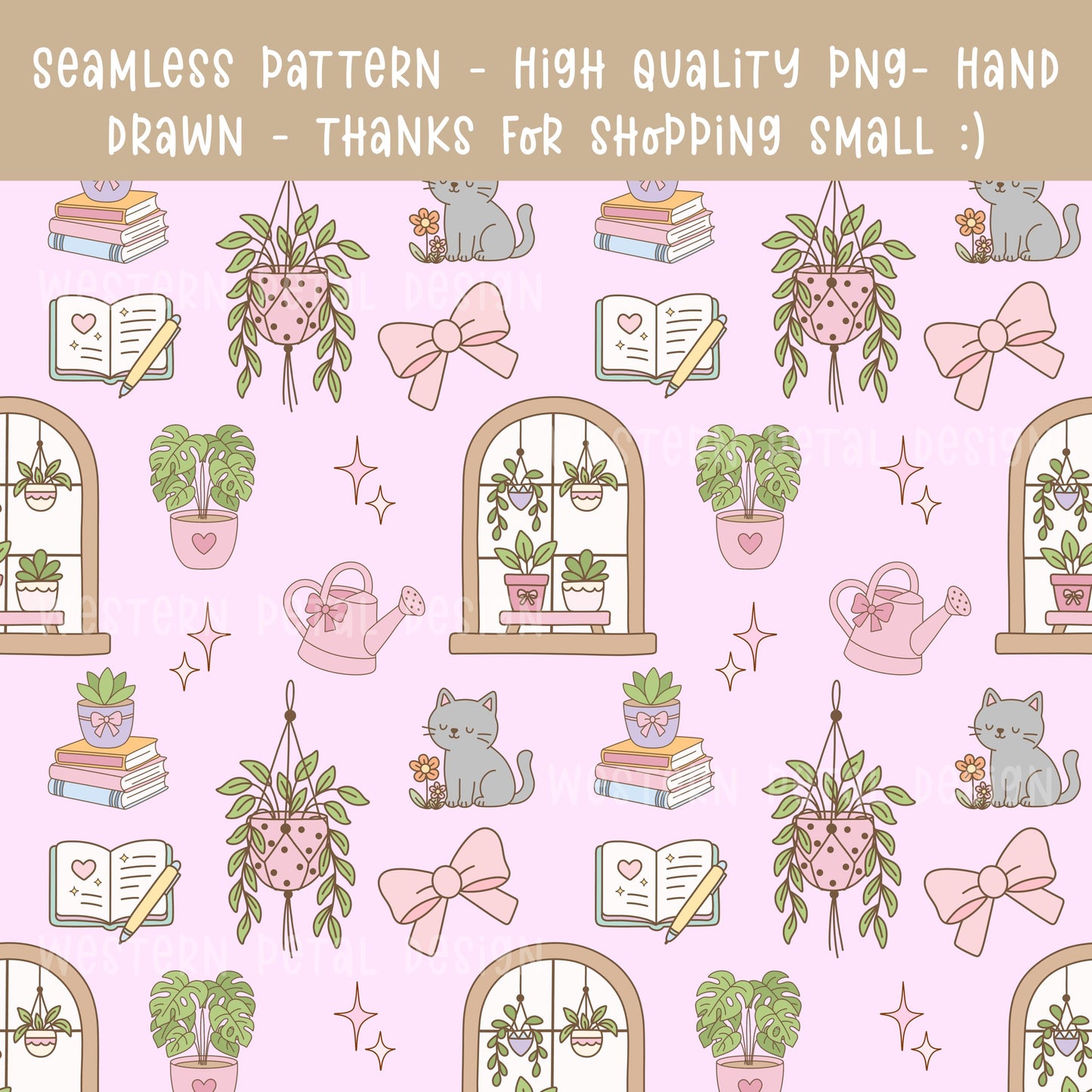 Houseplant Seamless Pattern PNG, Cottagecore Plant Digital Paper, Cozy Cat Books Pattern, Pink Botanical Design, 12x12 Sublimation Download