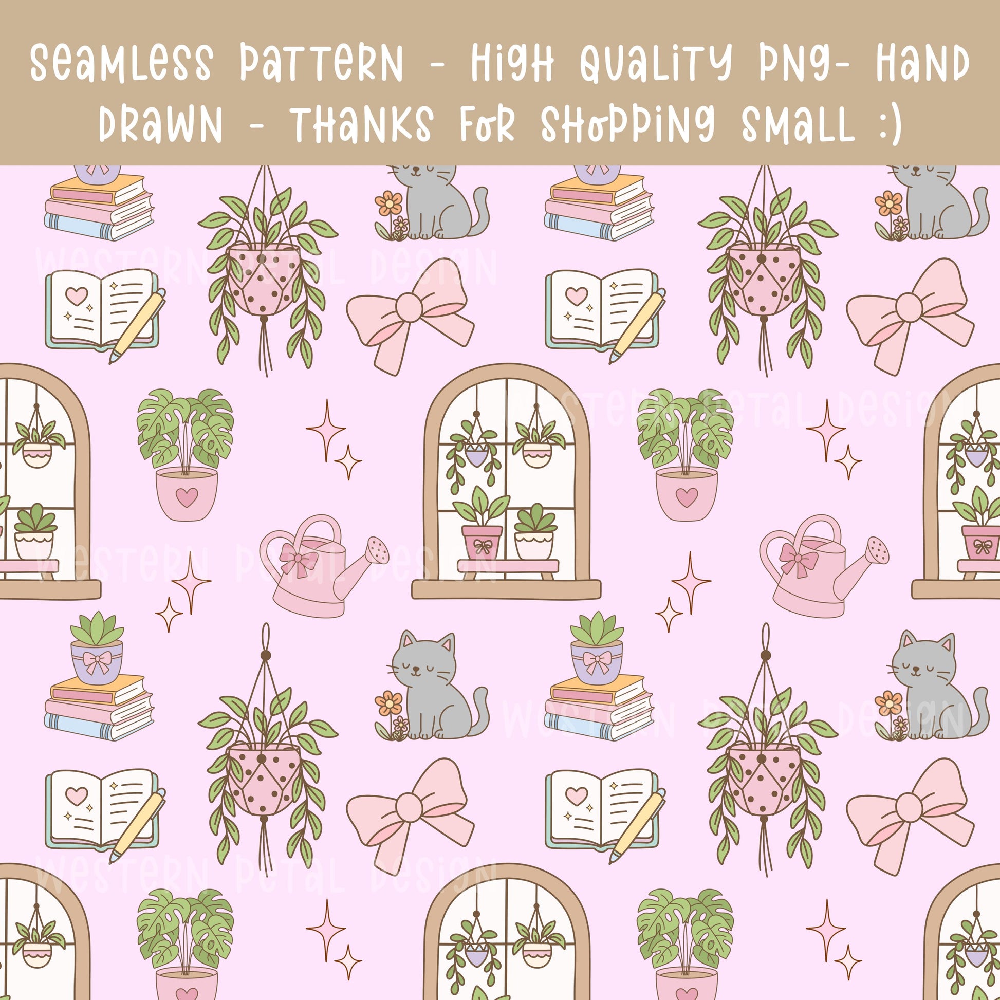 Houseplant Seamless Pattern PNG, Cottagecore Plant Digital Paper, Cozy Cat Books Pattern, Pink Botanical Design, 12x12 Sublimation Download