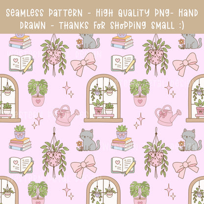 Houseplant Seamless Pattern PNG, Cottagecore Plant Digital Paper, Cozy Cat Books Pattern, Pink Botanical Design, 12x12 Sublimation Download