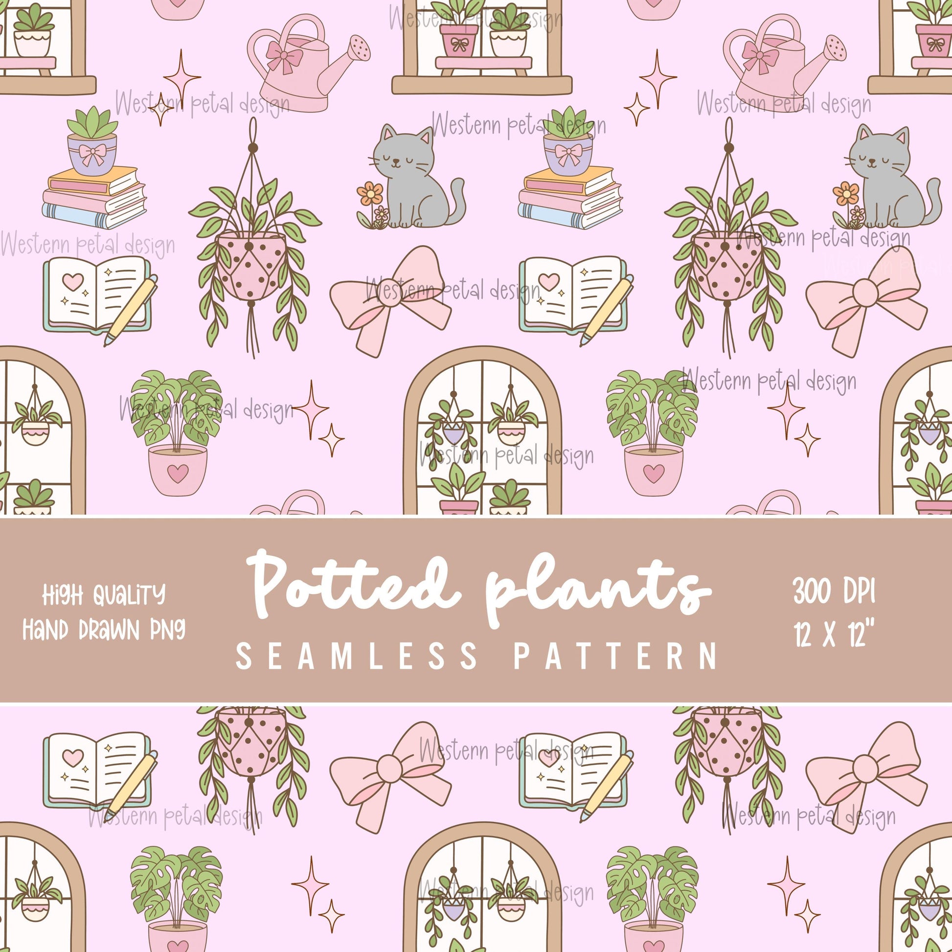 Houseplant Seamless Pattern PNG, Cottagecore Plant Digital Paper, Cozy Cat Books Pattern, Pink Botanical Design, 12x12 Sublimation Download