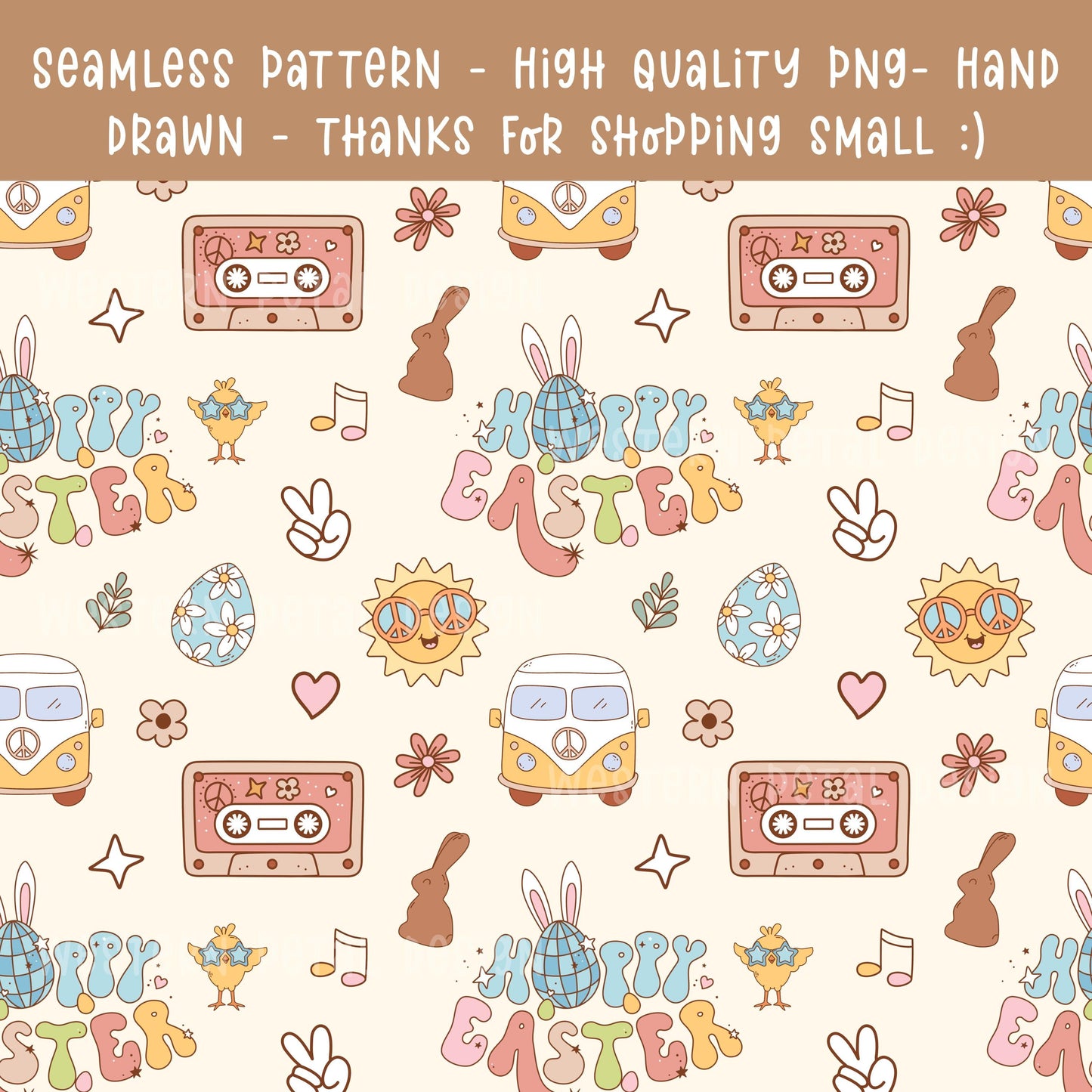 Retro Easter Seamless Pattern | Groovy Hippie Design (Digital Download)