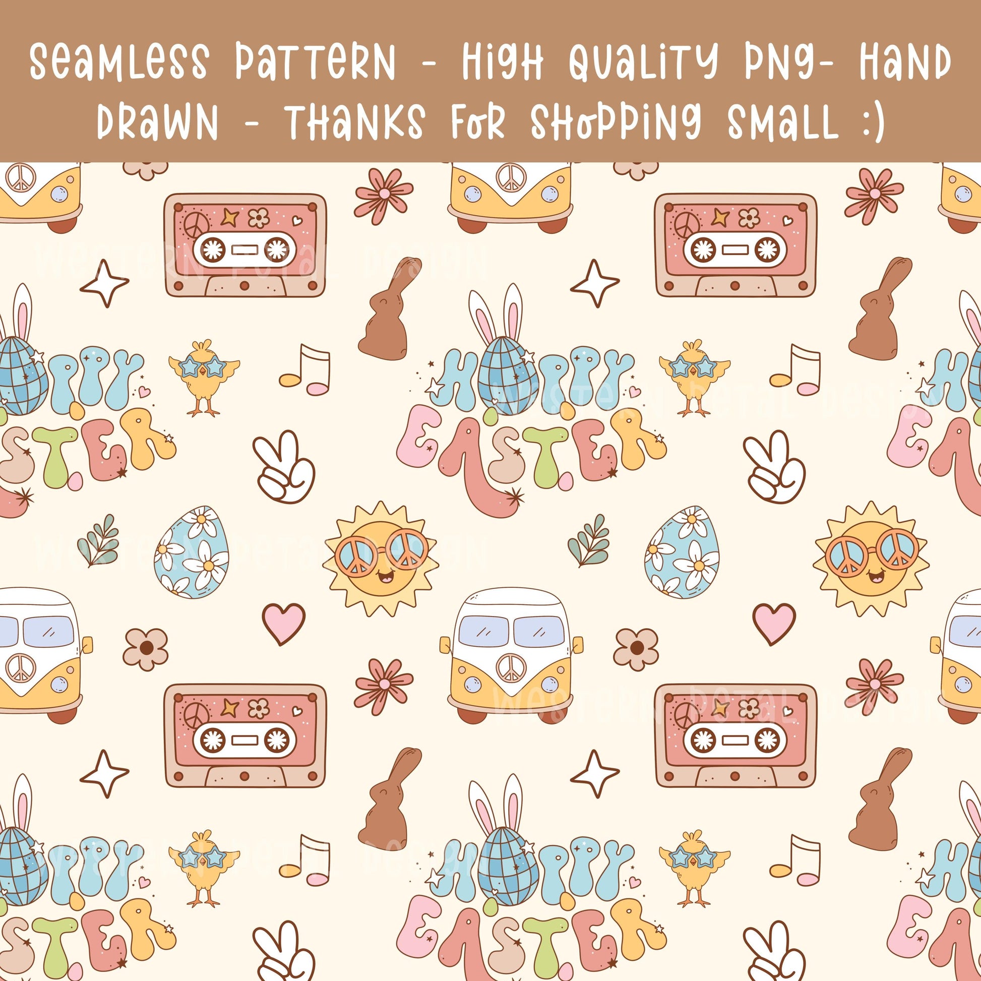Retro Easter Seamless Pattern | Groovy Hippie Design (Digital Download)