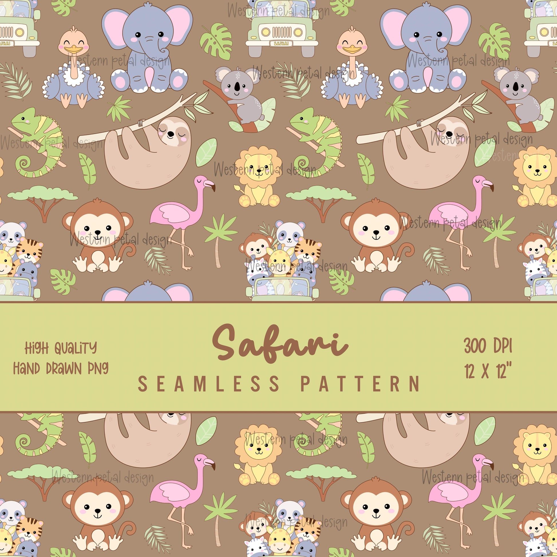Safari Animals Seamless Pattern | Nursery Fabric Wallpaper (12x12 PNG)