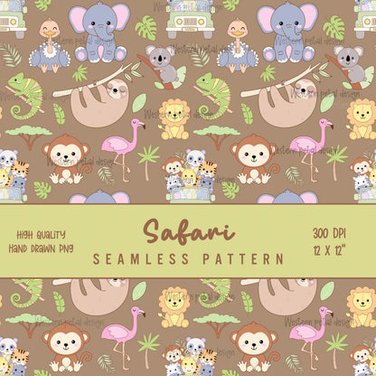 Safari Animals Seamless Pattern | Nursery Fabric Wallpaper (12x12 PNG)