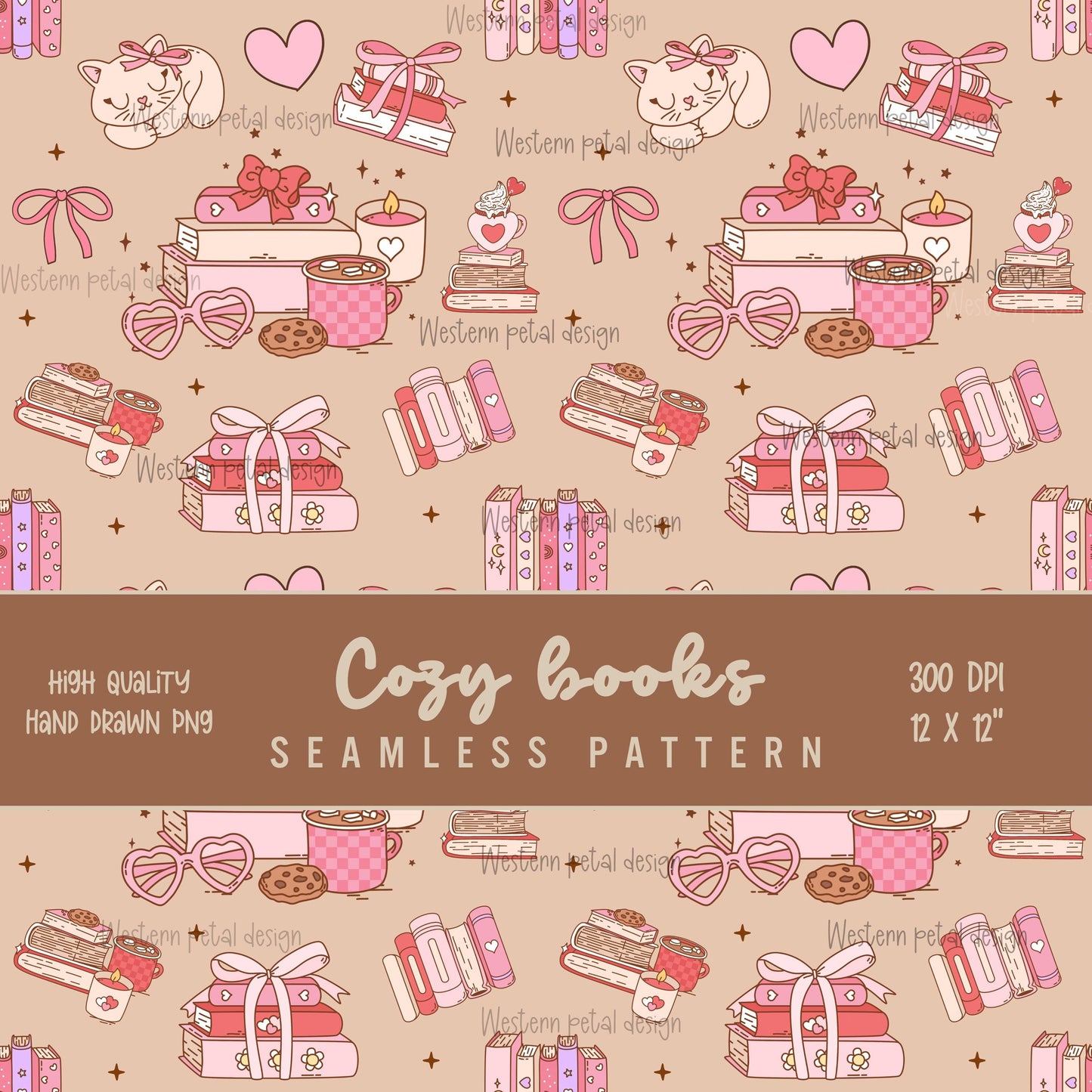 Bookish Seamless Pattern PNG, Coquette Pink Digital Paper, Cozy Reading Aesthetic, Books Coffee Cat Bows, Cute Scrapbook Background