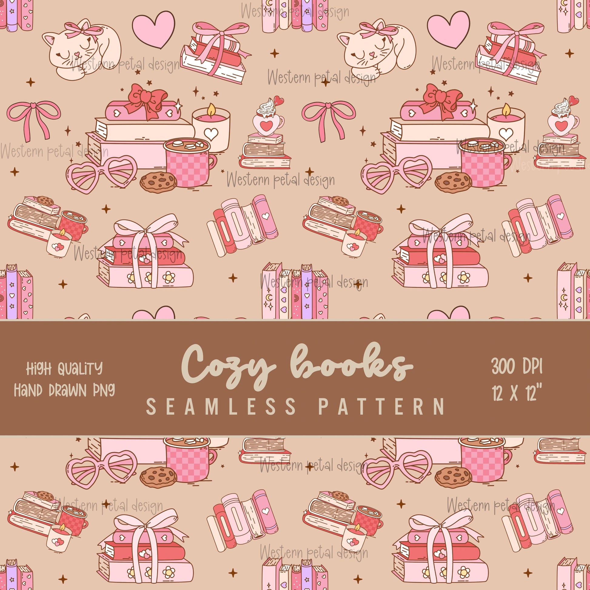 Bookish Seamless Pattern PNG, Coquette Pink Digital Paper, Cozy Reading Aesthetic, Books Coffee Cat Bows, Cute Scrapbook Background