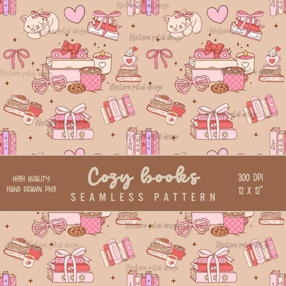 Bookish Seamless Pattern PNG, Coquette Pink Digital Paper, Cozy Reading Aesthetic, Books Coffee Cat Bows, Cute Scrapbook Background