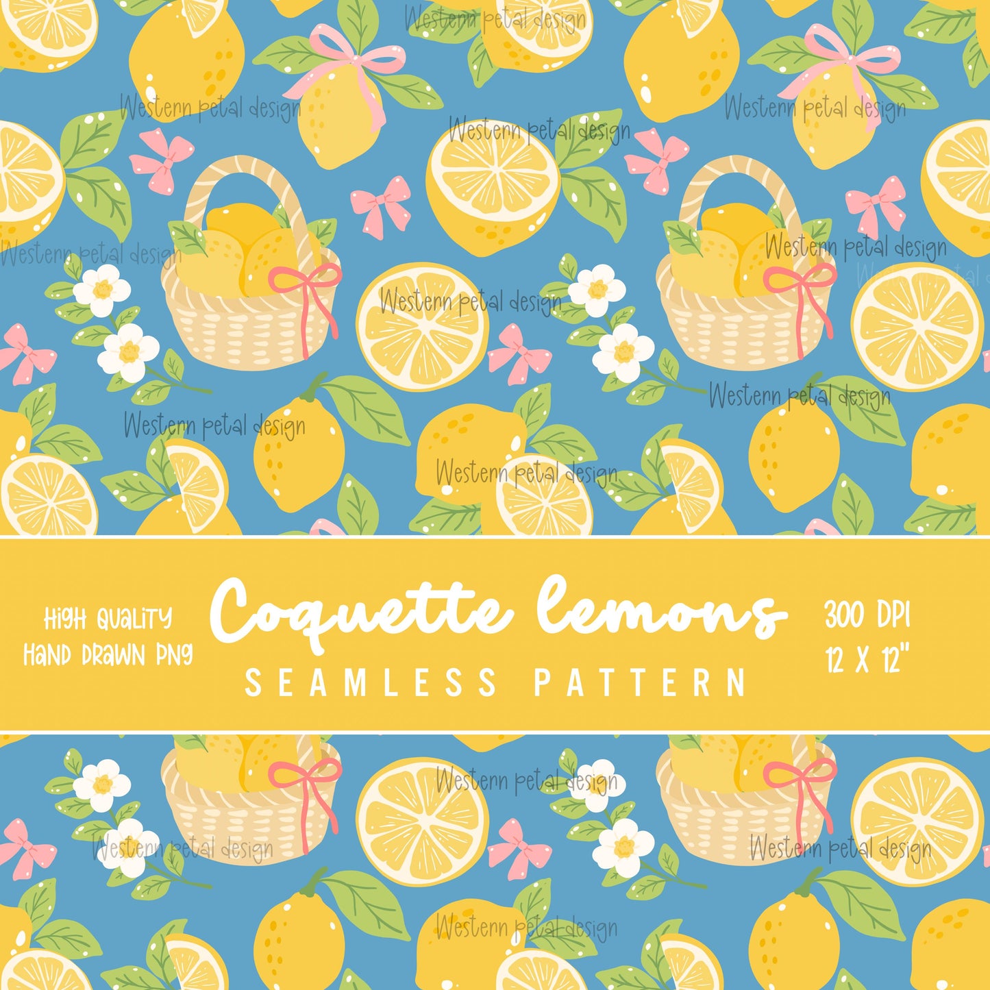 Lemon Seamless Pattern | Hand-Drawn Cottagecore Fabric Design (12x12 PNG Digital Download)