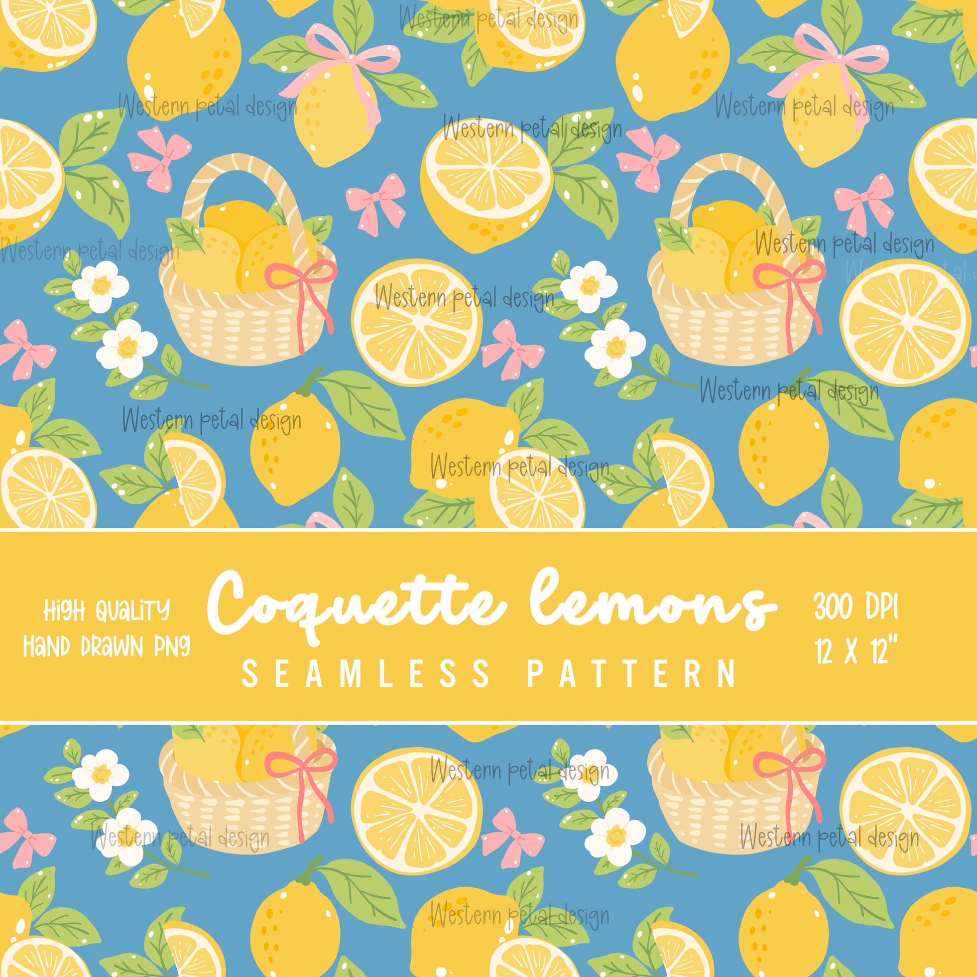 Lemon Seamless Pattern | Hand-Drawn Cottagecore Fabric Design (12x12 PNG Digital Download)