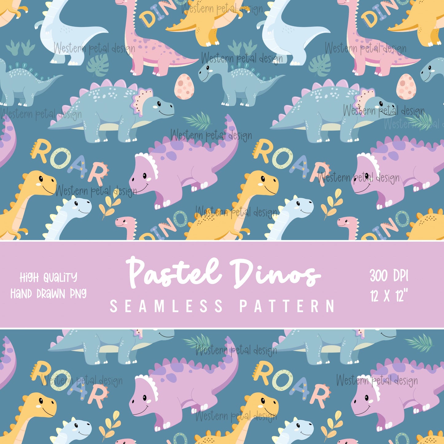 Pastel Dinosaur Seamless Pattern PNG, Cute Dino Digital Paper, Kids Nursery Pattern, Baby Dino Fabric Design, 12x12 Sublimation Download