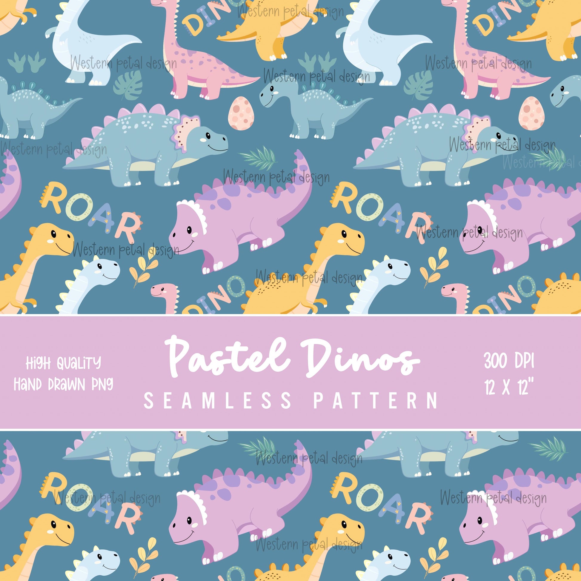 Pastel Dinosaur Seamless Pattern PNG, Cute Dino Digital Paper, Kids Nursery Pattern, Baby Dino Fabric Design, 12x12 Sublimation Download
